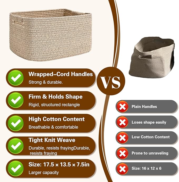 2 Pack Large Storage Basket for Organizing, 17.5"x13.5"x7.5" Woven Basket for Shelves, Closet Cube Storage Bins with Wrapped Handle, Cotton Rope Baskets for Kitchen, Clothes, Toys (Natural)