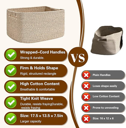 2 Pack Large Storage Basket for Organizing, 17.5"x13.5"x7.5" Woven Basket for Shelves, Closet Cube Storage Bins with Wrapped Handle, Cotton Rope Baskets for Kitchen, Clothes, Toys (Natural)