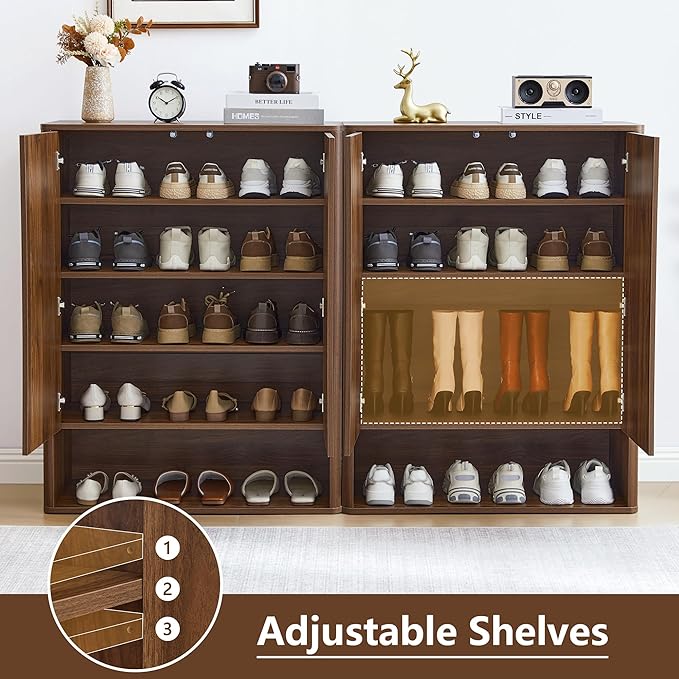 Shoe Cabinet, 5 Tier Wooden Shoe Storage Organizer Cabinet with Adjustable Shelves, Shoes Rack Accent Cabinet for Entryway Hallway Living Room, Walnut