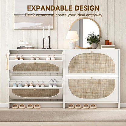 Nicetree Shoe Cabinet Storage for Entryway Slim 9.5" Freestanding Floor Base Shoe Storage Cabinet, 2 Flip Drawers with 3-Position Adjustable Divider, Holds 16-24 Pairs, Cream White