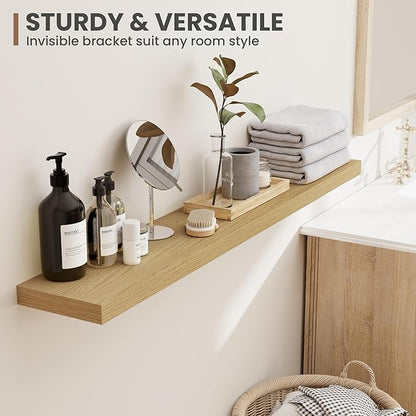 Acovy 30 Inch Floating Shelves, 8 Inch Deep Floating Shelves for Wall, Hanging Shelf with Invisible Brackets, Deep Shelves for Bathroom, Bedroom, Living Room, Oak, Set of 2