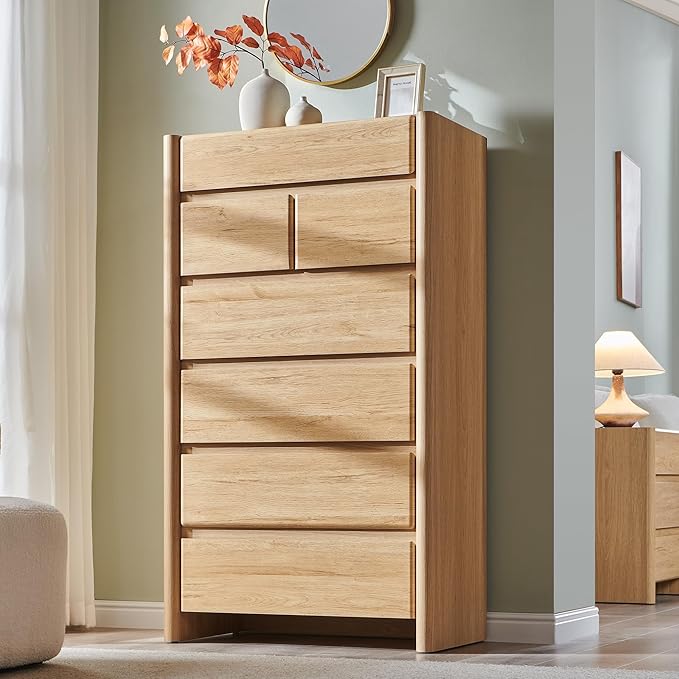 Modern 7 Drawers Dresser for Bedroom, 54.7" Tall Large Dresser & Chests of Drawers w/Rounded Corner, Wood Handleless Organizer Dresser w/Natural Texture for Bedroom, Living Room-Natural