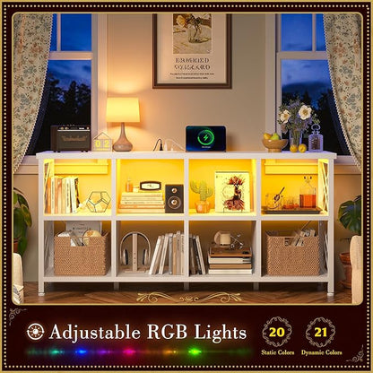 8 Cube Storage Organizer with LED Light and Charging Station, Wood and Metal Cube Shelf, White Horizontal Book Shelf for Bedroom, Home Office