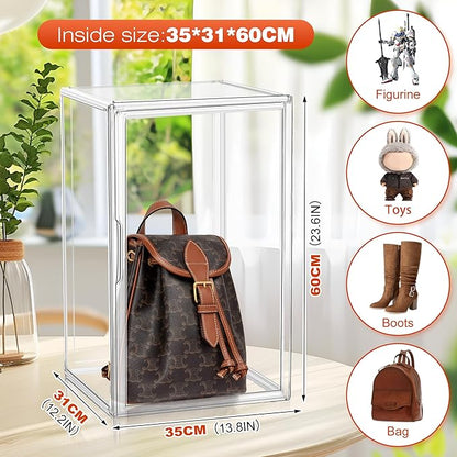 23.6'' Tall Acrylic Display Case XXXXX-Large Purse Handbag Organizer 13.8''x 12.2''x 23.6'' Clear Tall Boot Totes Storage Box Transparent Huge Figure Collectibles Showcase with Magnetic Lid