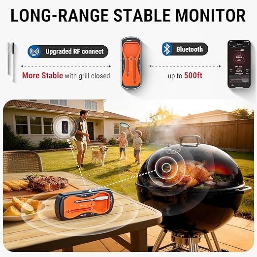 ThermoPro 500ft Wireless Meat Thermometer for Cooking, Long & Short Colored Probes Bluetooth Meat Thermometer for Kitchen Oven Smoker, Rechargeable Meat Probe for Backyard Grill BBQ Holiday Gifts