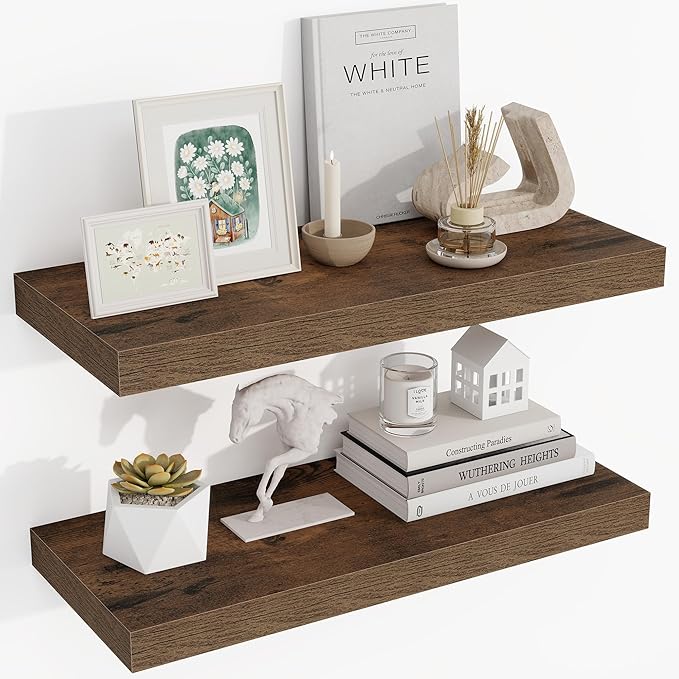 Acovy 24 Inch Floating Shelves, 24"x9.25"x1.5" Inch Deep Floating Shelves for Wall, Wooden Shelves for Bathroom, Bedroom, Living Room, Brown, 2 Pieces