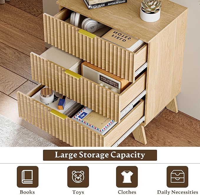 Fluted 3 Drawer Dresser for Bedroom, Mid Century Modern Beside Table with Metal Handle, Wooden Nightstand with 5 Drawers End Table for Living Room, Closet, Entryway, Oak