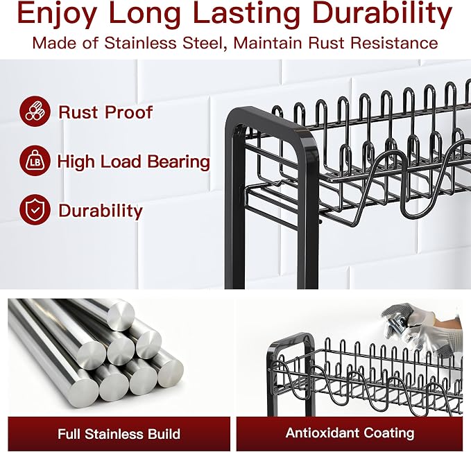 BOOSINY 2 Tier Black Dish Drainer Drying Rack and Drainboard Set, Large Stainless Steel Dish Dryer for Kitchen Counter Space Saving, Big Rustproof Metal Plate Strainer with Utensil Holder & Cup Holder