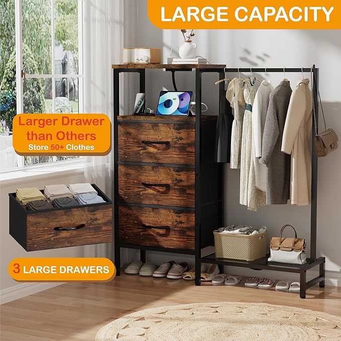 Dresser for Bedroom with Hanging Rack, 3 Drawers Closet with Charging Station, Faric Chest of Drawers with Clothes Rack, Storage Organzier for Hallway Entryway, Brown