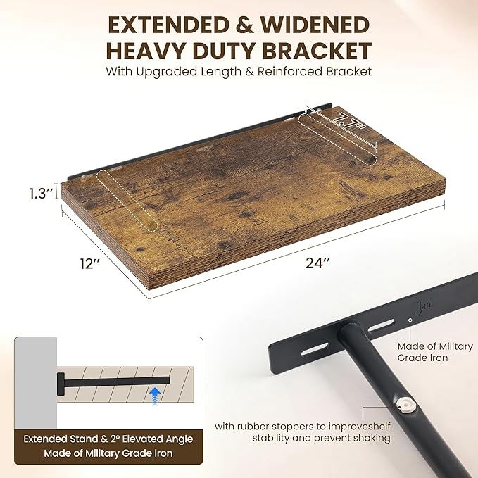 Dreamland 24" Floating Shelves for Wall, 12" Deep Slim Rustic Brown Floating Shelves, Wall-Mounted Shelves for Bedroom, Living Room, Kitchen, Bathroom - Set of 2