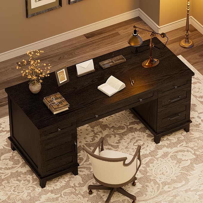 60" Traditional Home Office Desk with Power Outlets, Wooden Executive Desk with File Cabinet and Drawers, Farmhouse Wood Work Desk for Work, Study, Writing, Black