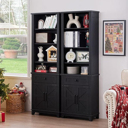 72in Tall Bookshelf 7 Tier Bookcase with Drawer and Barn Doors and Adjustable Shelves, Black Farmhouse Book Shelf with Storage Cabinet, Wood Freestanding Display Bookshelves for Kitchen (2PCS)