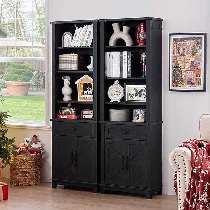 72in Tall Bookshelf 7 Tier Bookcase with Drawer and Barn Doors and Adjustable Shelves, Black Farmhouse Book Shelf with Storage Cabinet, Wood Freestanding Display Bookshelves for Kitchen (3PCS)