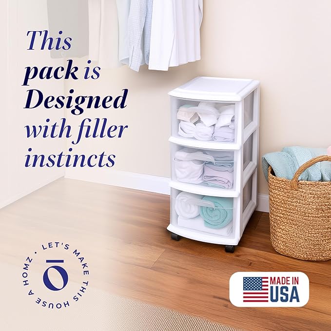 HOMZ 3-Drawer Storage Cart, Plastic Home, Dorm, & Office Organizer, White Frame