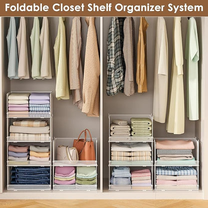 4-Tier Stackable Closet Organizers and Storage Shelves, Foldable Closet Shelf Organizer, Stackable Storage Bins Drawers for Closet Organizer System, White(Patent Pending)