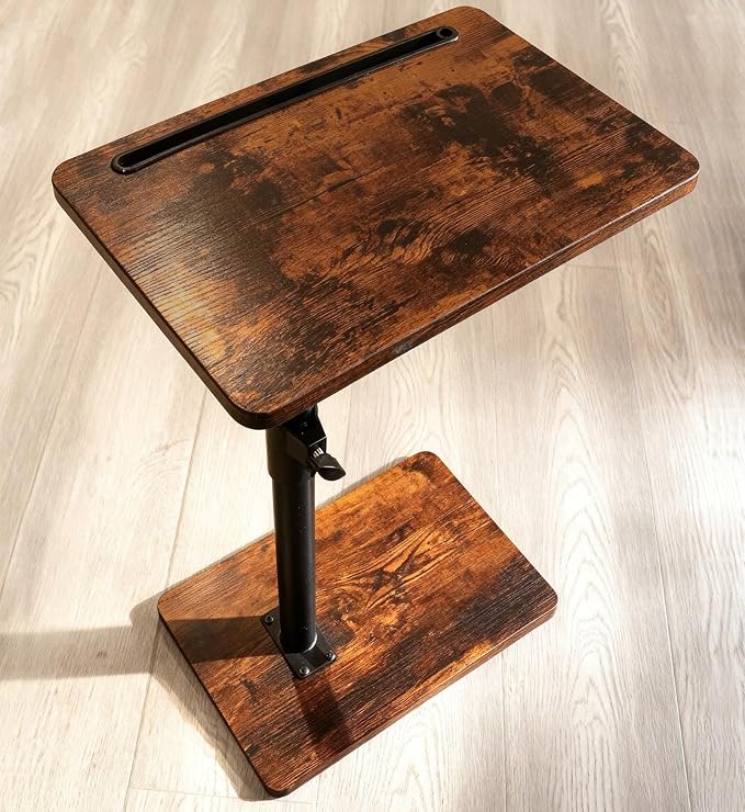 Sofa Armrest Tray Table for Couch - 360° Swivel Height Adjustable End for Small Spaces, Snack Side Table for Bed or Chair with Phone & Tablet Slot (Rustic,Standard)