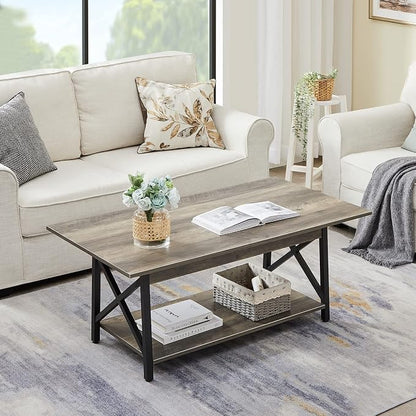 GreenForest Coffee Table with Storage, 43 inch Large Modern Coffee Tables for Living Room, X-Frame Design Farmhouse Coffee Table Space Saving Living Room Tables, Easy Assembly, Grey Wash