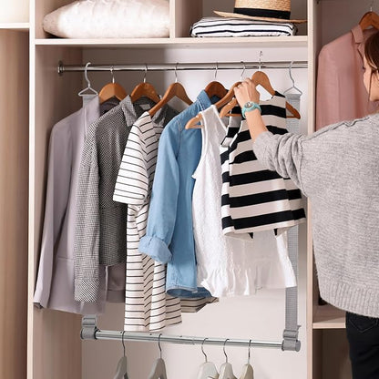 Hanging Closet Rod, 17-28In Width and Up to 32In Height Closet Extender, Double Hanging Bar with Powder-Coated Metal Pole and Adjustable Webbing, Space-Saving Tension Organizer, 1 Pack