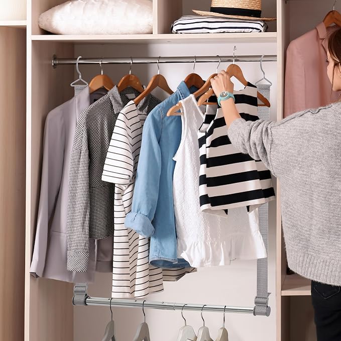 Hanging Closet Rod, 17-28In Width and Up to 32In Height Closet Extender, Double Hanging Bar with Powder-Coated Metal Pole and Adjustable Webbing, Space-Saving Tension Organizer, 2 Pack