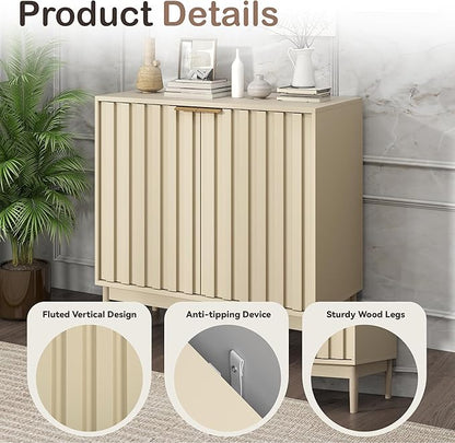 Fluted Sideboard with Storage, Buffet Cabinet Sideborad with Door, Kitchen Buffet Storage Accent Cabinets with Adjustable Shelves for Living Room, Entry, Hallway, Beige