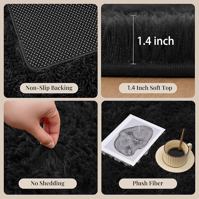 Area Rug for Living Room Bedroom: 5x7 Black Soft Fluffy Shag Upgrade Non-Slip High Pile Carpet Large Fuzzy Plush Indoor Floor Decor Shaggy Rug for Kid Boys Girls Dorms Playroom Nursery Modern Home