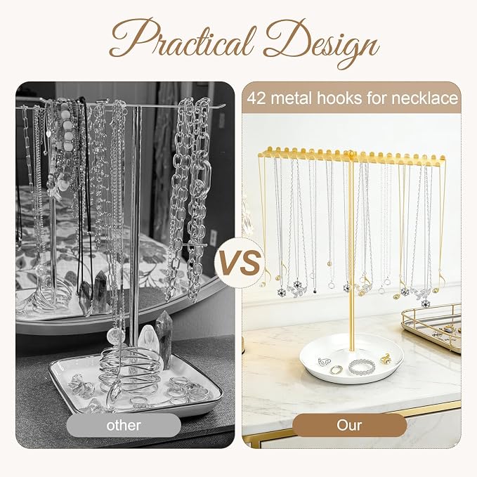 Jewelry Organizer Stand, Metal Necklace Holder Display With 42 Hooks, Gold Jewelry Holder for Necklaces, Bracelets, Rings, Bedroom College Dorm Decor for Women and Girls
