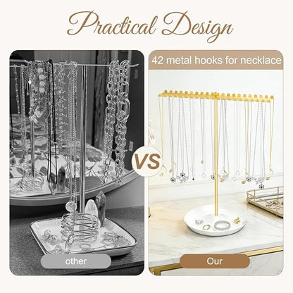 Jewelry Organizer Stand, Metal Necklace Holder Display With 42 Hooks, Gold Jewelry Holder for Necklaces, Bracelets, Rings, Bedroom College Dorm Decor for Women and Girls