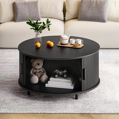 ONBRILL Round Coffee Table with Storage, 31.5" Modern Coffee Table with 360° Curved Sliding Door, Fluted Wood Accent Coffee Table with Adjustable Footpads, Round Center Table for Living Room, Black