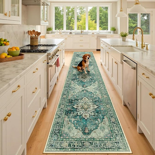 RELEANY Area Rugs Runner 2'x10' Washable Non-Slip, Floral Vintage Distress Medallion Carpet for Kitchen Hallway Bedroom Beside Laundry Room Bathroom, Dark Blue Vintage