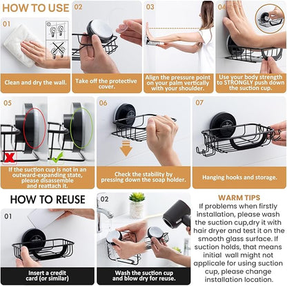LEVERLOC Soap Holder Shower with Hooks, Bar Suction Cup Soap Dish Tray for Wall, Rust-Proof Stainless Steel Sponge Caddy for Bathroom Accessories Organizer Bathtub Kitchen Sink, Black