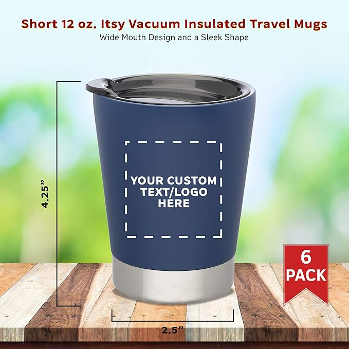 Personalized 12 oz. Itsy Vacuum Insulated Travel Mugs - 6 Pack - Custom Text, Logo - Blue