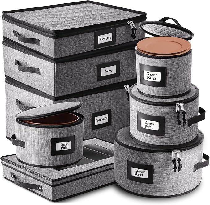 STORAGEBUD China Storage Containers Hard Shell, 8 Piece Flatware & Utensil with Mug Storage, Wine Glass 4 Dish Platter Case, Padded Dinnerware Containers, (sb-hds-09)