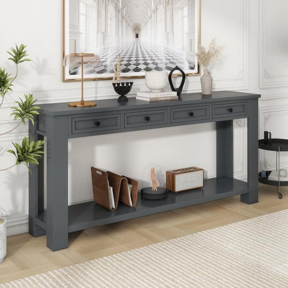 LKTART Solid Wood Console Table 63 in Long Sofa Table Entryway Table with 4 Drawers and Bottom Shelf for Hallway Living Room Couch Table,Easy Assembled,63" Tan