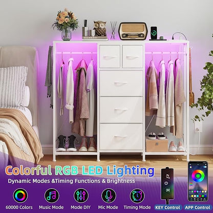49.2“W Dresser with 2 Hanging Racks, 5 Drawers Dresser with LED Lights & Charging Station, Dressers TV Stand with Clothes Rack, Shoe Racks and Side Hooks, Chest of Drawers for Bedroom, White