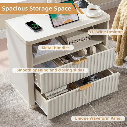 LEYAOYAO 31" Wide Fluted Nightstand Set of 2 with Charging Station, Oversized Extra Large 2 Drawers Night Stand,White Wood Bedside Table,Tall End Tables,Modern Chest of Drawers Dressers for Bedroom