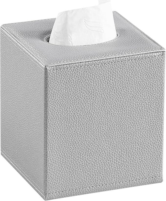 JLAMBOM PU Leather Tissue Box Cover Square Tissue Box Holder with Magnetic Closure, Decorative Tissue Holder for Bathroom Bedroom Office (Silver)