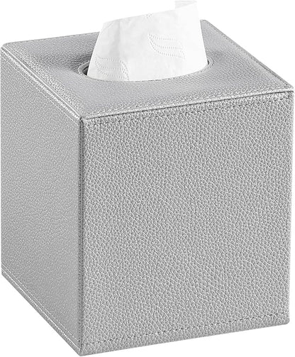 JLAMBOM PU Leather Tissue Box Cover Square Tissue Box Holder with Magnetic Closure, Decorative Tissue Holder for Bathroom Bedroom Office (Silver)
