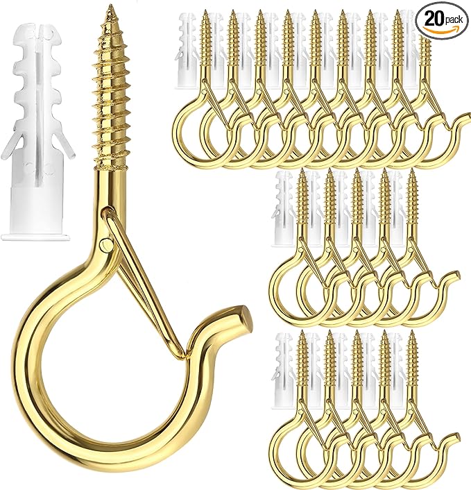 PlusRoc 20 Pack Screw Hooks for Hanging Christmas Lights Outdoor Seasonal Lighting, Heavy Duty 2.2 Inch Eye Hook Screw Cup Ceiling Hook Q-Hanger for Patio Lights, Wall Wood Ceiling Deck Mount(Gold)