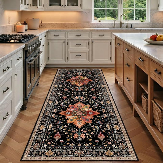 RELEANY Area Rugs Runner 3'x7' Washable Non-Slip, Floral Vintage Distress Medallion Carpet for Kitchen Hallway Bedroom Beside Laundry Room Bathroom, Black Colorful Floral Dark Tan
