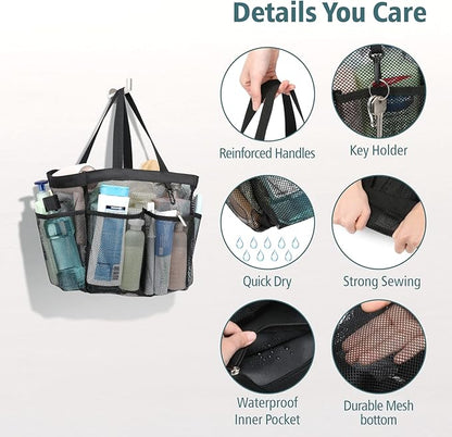 F-color Mesh Shower Caddy Portable, 8.3" Deeper Pockets Large Shower Caddy Bathroom Caddy for College Dorm Room Bathroom Essentials, 2 Handles Shower Bag Tote for Gym Rv, Camp with S Hook, Black