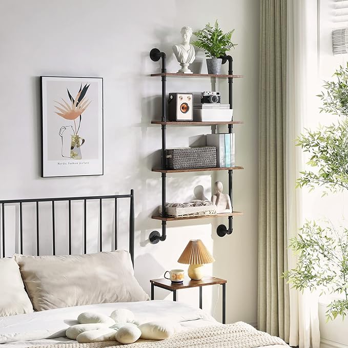 YMYNY Industrial Pipe Shelf Bracket, 4 Tiers Retro Wall Mounted Floating Shelf, Wood DIY Bookshelf, Storage Shelves for Living Room, Bedroom, Office, 24" Farmhouse Bathroom Shelving, UHWS002H