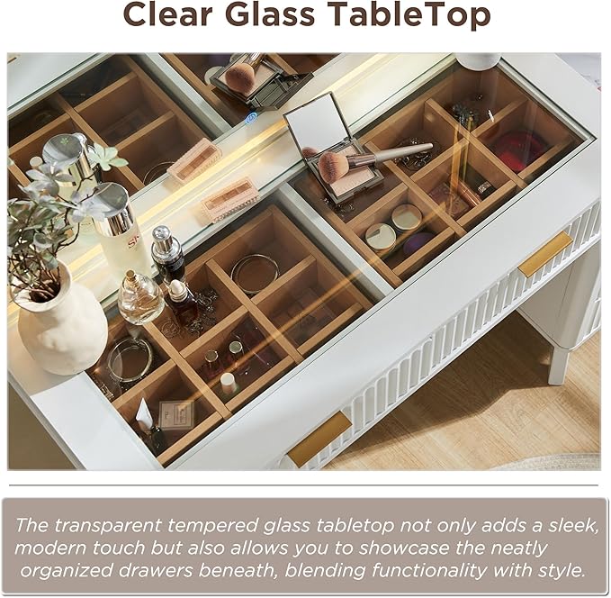 RedLemon 48" Fluted Vanity Desk with 36" Large HD Mirror and Lights, Modern Wood Glass Tabletop Makeup Table with Adjustable Storage Shelves, 5 Drawers, Charging Station for Bedroom, Off White