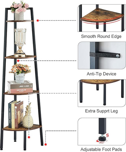 Hoctieon Corner Shelf, 4-Tier Corner Bookshelf, Rustic Ladder Shelf, Industrial Display Stand for Living Room, Kitchen, Home Office, Balcony, Small Space, Metal Frame, Rustic Brown