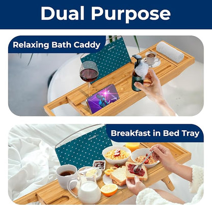 SereneLife 2 in 1 Bed and Bath Tray - Foldable Bamboo Bathtub Caddy with Adjustable Length, Non-Slip, Device Holder, Wine Glass Slot, Expandable for Comfortable Bathing, Natural, 2in1, Folding Set