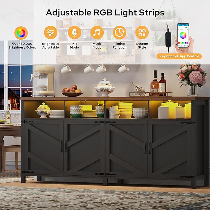 63'' Buffet Sideboard with Storage with Power Outlets & LED Light 4 Doors, Large Farmhouse Kitchen Storage Cabinet Wood Coffee Bar Cabinet Buffet Table for Kitchen, Dining Room, Entryway