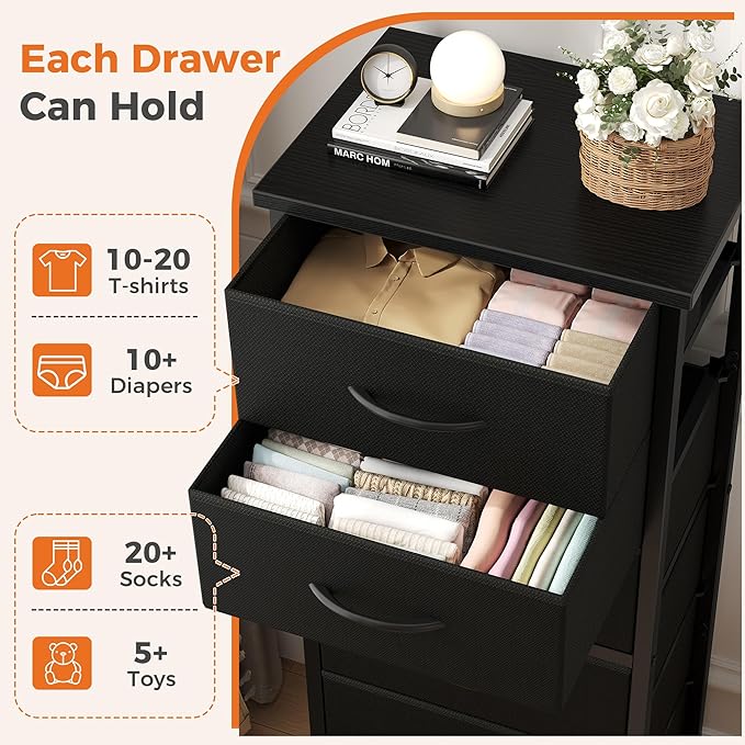 Sweetcrispy Tall Fabric Dresser for Bedroom, 6 Drawer Skinny Chest of Drawers, Narrow Storage Tower with Wood Top and Metal Frame, Vertical Nightstand for Closet, Bedroom Organization Furniture, Black