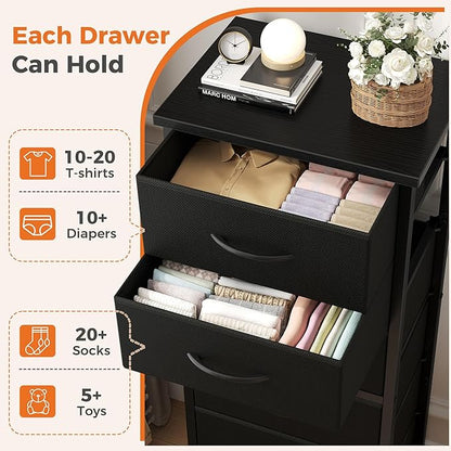 Sweetcrispy Tall Fabric Dresser for Bedroom, 6 Drawer Skinny Chest of Drawers, Narrow Storage Tower with Wood Top and Metal Frame, Vertical Nightstand for Closet, Bedroom Organization Furniture, Black