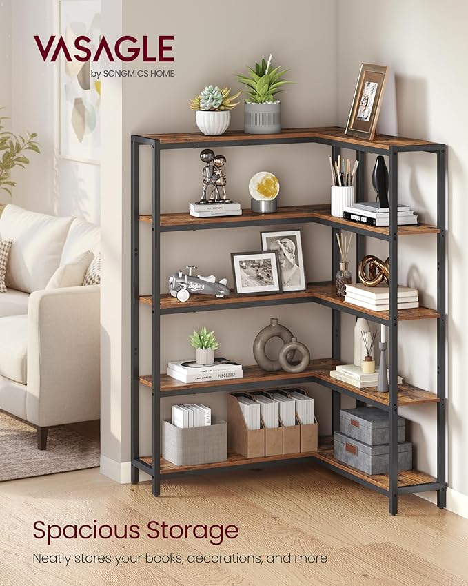 VASAGLE 5 Tier Bookshelf with Metal Frame, Convertible Industrial Corner Shelf, 9.4 x 52.8 x 55.9 Inches, for Living Room, Bedroom, Home Office, Rustic Brown and Ink Black ULLS815KD01
