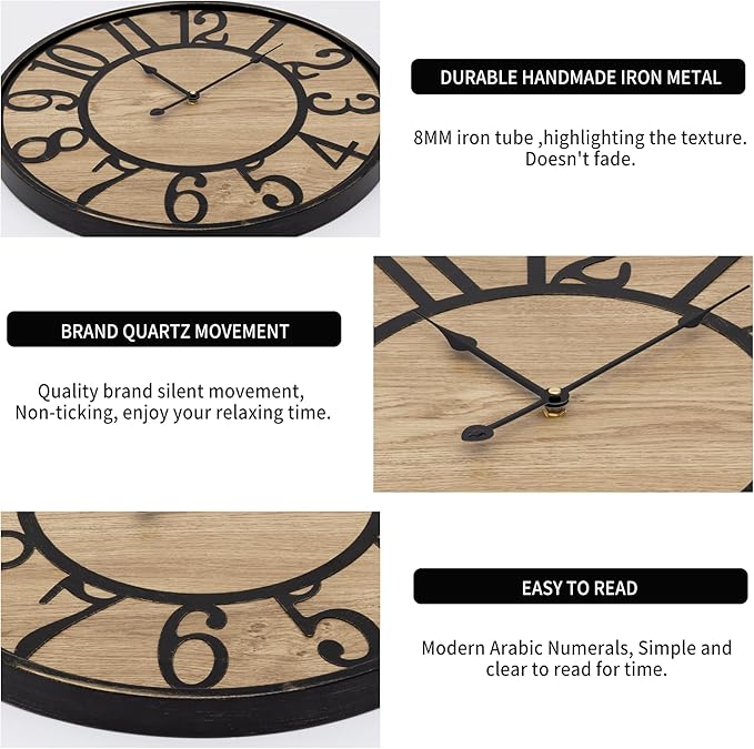 Maxstar Large Wall Clock Silent Bronze Rustic Farmhouse Metal & Wood with Arabic Numeral, Battery Operated Wall Clocks Decorative for Living Room Bedroom Office Home Decor 24inch