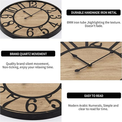 Maxstar Large Wall Clock Silent Bronze Rustic Farmhouse Metal & Wood with Arabic Numeral, Battery Operated Wall Clocks Decorative for Living Room Bedroom Office Home Decor 24inch